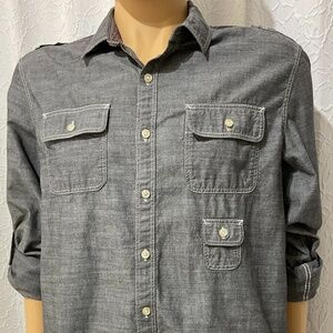 Sean John men Shirt Gray Roll Over Long Sleeves Size L 3 front Pockets Cotton 03